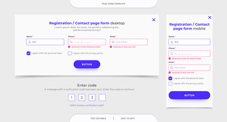 Fototapeta na wymiar Registration / contact page form banner. Popup form. Enter code. Verification code. Web design template. Desktop and mobile.