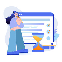 Online testing concept. Student takes exam by marking correct answers on forms scene. Online education, distance learning, refresher courses. Illustration with people character in flat design