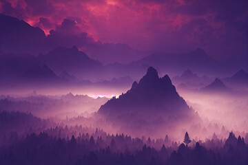 3d illustration of fantastic landscape peaks mountain at sunset