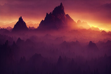 3d illustration of fantastic landscape peaks mountain at sunset