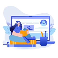 Fototapeta na wymiar Online education concept. Woman reading book and studying on laptop scene. Student listening to lecture, distance learning, refresher courses. Illustration with people character in flat design