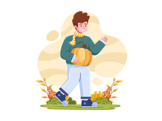 People Celebrate Thanksgiving and Carrying Pumpkin In Autumn.
Thanksgiving Tradition Illustration.
Can be used for greeting card, postcard, banner, poster, Web, landing page, etc