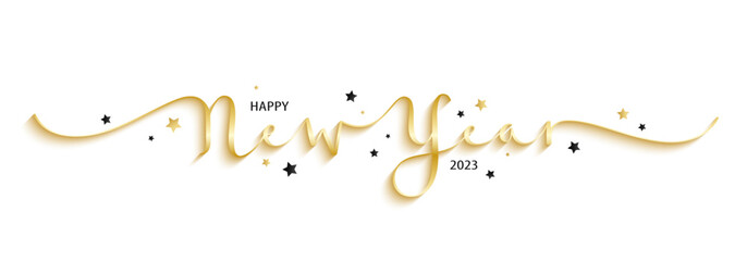 HAPPY NEW YEAR 2023 gold brush calligraphy banner with black and gold stars on transparent background