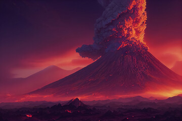 3d illustration of night landscape volcano with burning lava and clouds of smoke - obrazy, fototapety, plakaty