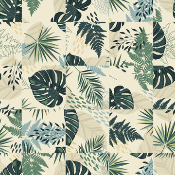 Tropical exotic geometric silhouette green leaves seamless pattern background. Exotic jungle wallpaper