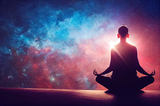 3d illustration of woman in lotus position meditating in stars space milky way background