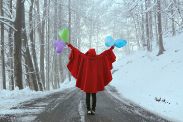 Happy red hooded figure with colorful balloons