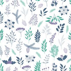 Hand drawn seamless pattern of poinsettia, leaves, branches, berries, holly. Winter floral cozy collection. Christmas decorative illustration for greeting card, wallpaper, wrapping paper, fabric