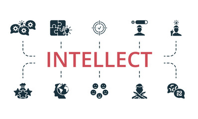 Intellect icon set. Monochrome simple Intellect icon collection. Brainstorming, Solutions, Focus, Skill, Solve The Problem, Experience, Global Thinking, Emotion, Failure, Psychology icon