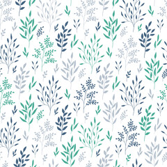 Hand drawn seamless pattern of colorful branches with leaves. Winter floral cozy collection. Christmas decorative illustration for greeting card, wallpaper, wrapping paper, fabric, packaging
