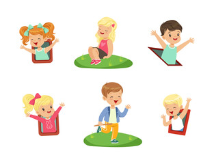 Cute Little Kids Having Fun Playing at Playground Enjoying Outdoor Activity Vector Set