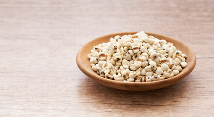 Jobs tear seed or coix millet seed grain in wood plate isolated on white background. heap of Jobs tear or coix millet seed grain isolated. Jobs tear or millet coix seed