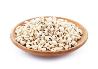 Jobs tear seed or coix millet seed grain in wood plate isolated on white background. heap of Jobs tear or coix millet seed grain isolated. Jobs tear or millet coix seed