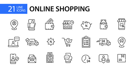 21 online shopping icons. Delivery, mobile app, shopping cart and promotion. Pixel perfect, editable stroke design