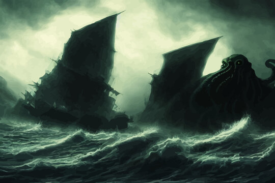 dark fantasy scene showing cthulhu the giant sea monster