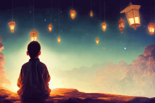 fantasy scene of the kid looking on flying lanterns