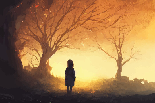 girl looking at the glowing tree formed by the ruins