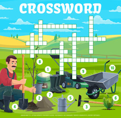 Farmer tools and equipment, crossword grid or find word quiz game vector worksheet. Cross word riddle game with farm fertilizer, shovel and bucket, watering can, lawn mower and garden trolley