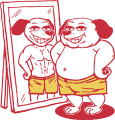 Fat dog cartoon characters sees himself into the mirror with facial proud expressions. 