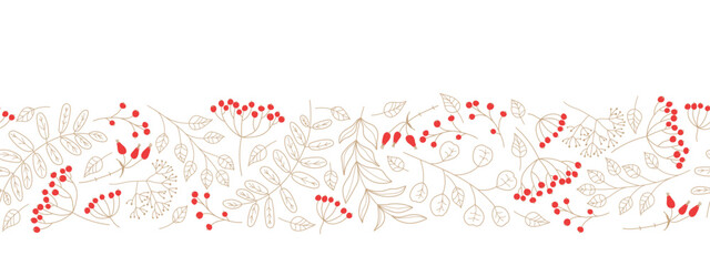 Natural seamless border with red Berries and twigs. Floral horizontal winter vector Design for wallpaper, wrapping, scrapbooking, manufacturing. Merry Christmas, Happy New Year Repeated background