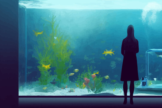 a woman looks at a large fish aquarium