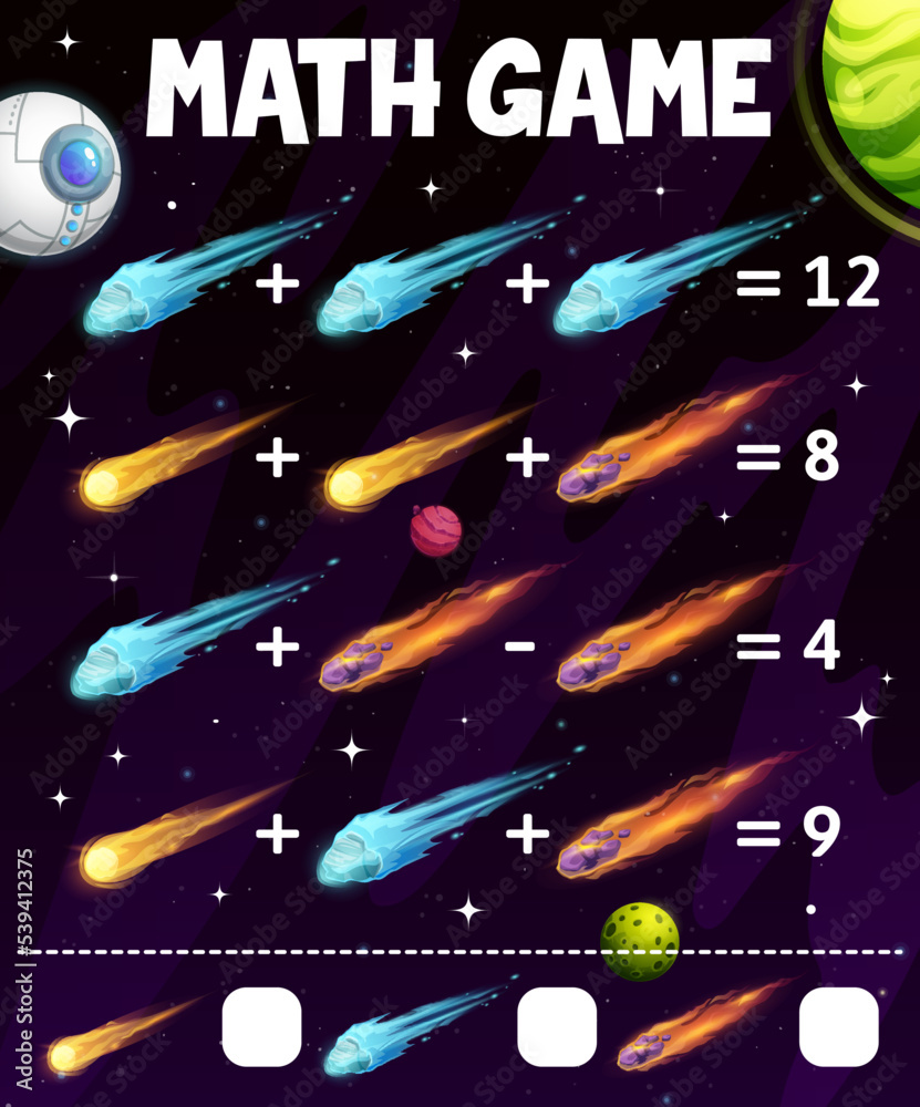 Poster starry galaxy galaxy space with asteroids and comets, math game worksheet. cartoon vector educationa