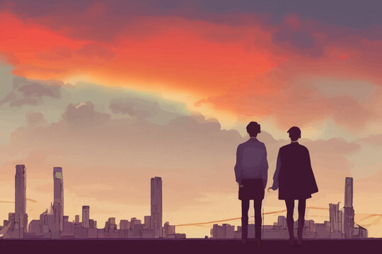 young couple standing on the roof top looking at city