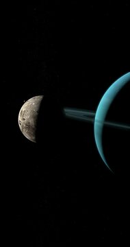 Oberon moon orbiting around Uranus planet in the outer space. 4K Vertical