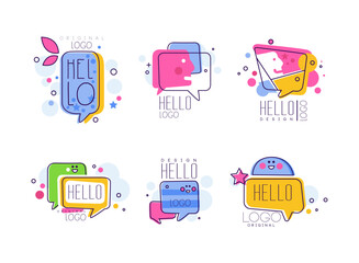 Hello Speech Bubble Logo Design with Smile and Face Vector Set