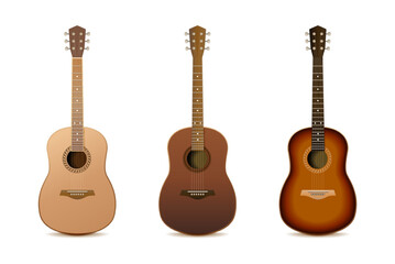 3d realistic vector icon. collection of acoustic dark wooden guitars. 