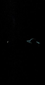 Satellite Oberon and Uranus planet in the outer space. 4K Vertical