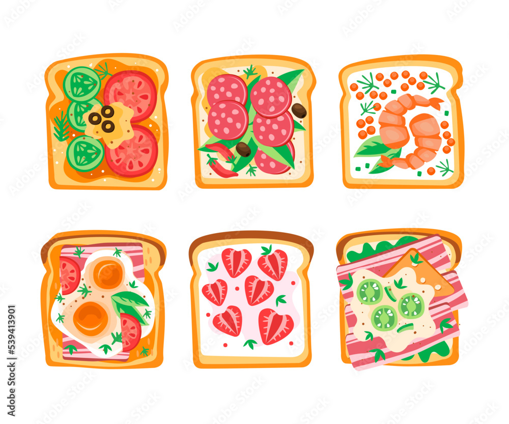 Wall mural Sandwich with Various Ingredients Like Wurst, Scrambled Egg, Vegetables, Bacon and Shrimp Vector Set