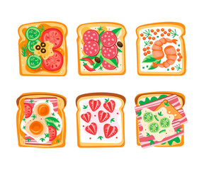 Sandwich with Various Ingredients Like Wurst, Scrambled Egg, Vegetables, Bacon and Shrimp Vector Set