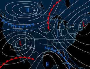 Forecast weather isobar night map of USA. Meteorology diagram with wind front and temperature. Synoptic isobar map, climate and climatology vector infographics with temperature data - obrazy, fototapety, plakaty