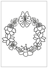 Floral wreath coloring page for adults. Round antistress black and white ornament. Outline flower frame doodle. Monochrome coloring page. Vector floral silhouette wreath
