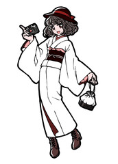 Anime style full body illustration of a kimono girl with a camera	
