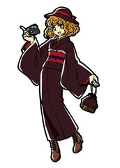 Anime style full body illustration of a kimono girl with a camera	