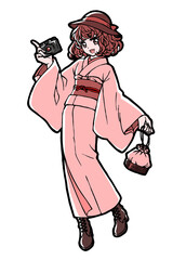 Anime style full body illustration of a kimono girl with a camera	
