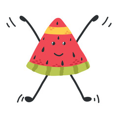 Cute watermelon is jumping. Sports, hobbies, exercises. Fruit character.Vector watermelon in kawaii style. Sports healthy watermelon. The concept of doing sports.