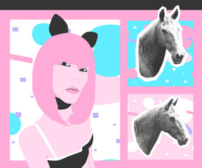 Fashion minimal illustration collage art. Retro Lady and horse