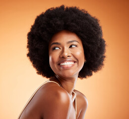 Black woman, african beauty and skincare health of luxury spa model with a smile on an orange studio background. Natural skin, healthy face and happy casual organic cosmetic afro hair treatment model - obrazy, fototapety, plakaty