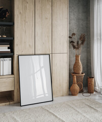 Mockup poster frame in minimalist modern interior, 3d render - obrazy, fototapety, plakaty