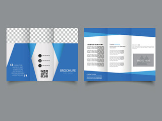 Blue trifold brochure with triangles. Flyer for printing. Template.