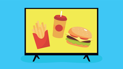 Fast food, burger, french fries, drink in a glass with a straw on the TV screen