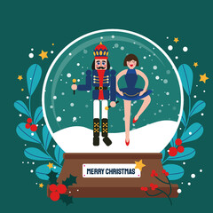 Merry christmas glass ball with Nutcracker and Clara Girl Ballerina at snow. Doll guard. Cute soldier toy. December Ballet party. Creative Merry Xmas invitation. Happy New Year. Winter holidays.
