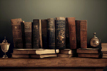 Old book shelf antique books. Vintage nostalgic still life