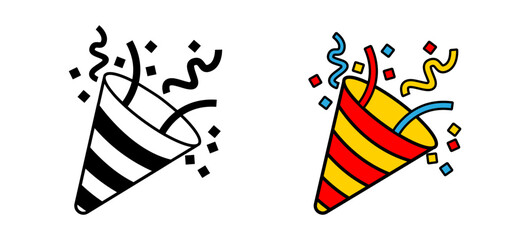 Party popper icons with ribbon and confetti.Congratulate and celebrate elements.Confetti logo.Vector party poppers set.Exploding cracker icon.