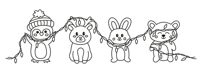Christmas party animals with garland. Cartoon baby animals. Penguin with Santa hat, reindeer, bunny and bear.