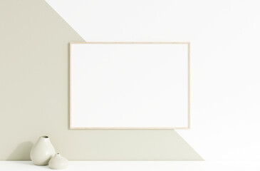 Clean and minimalist front view horizontal wooden photo or poster frame mockup hanging on the wall with vase. 3d rendering.