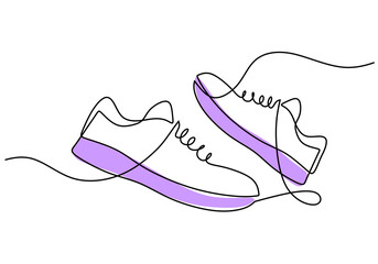 One continuous single line of cute sneakers isolated on white background.